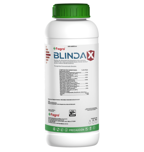 Blindax FUNGICIDA. CONCENTRADO SOLUBLE.
Aceite de Citronela + D-Limoneno +
Cis-jasmona + Sulfato de cobre + Ácido
Láctico + Ácido Málico + Ácido butírico