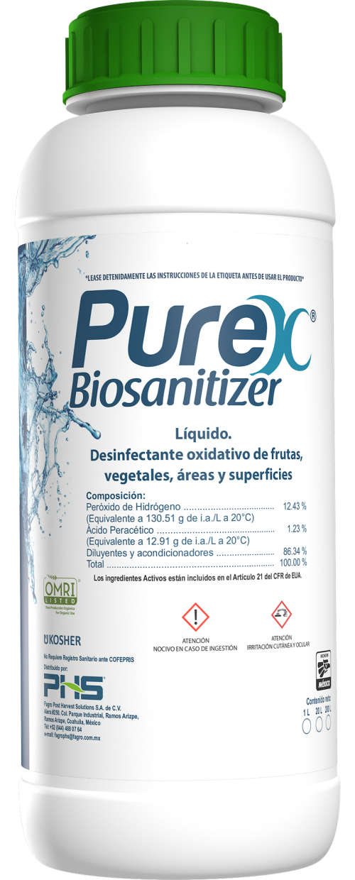 Purex Biosanitizer Desinfectante oxidativo de frutas, vegetales, áreas y superficies.
