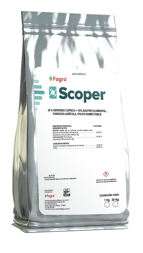 Scoper Hidróxido Cúprico 20% + Azufre
Elemental 30%
Fungicida. Polvo humectable