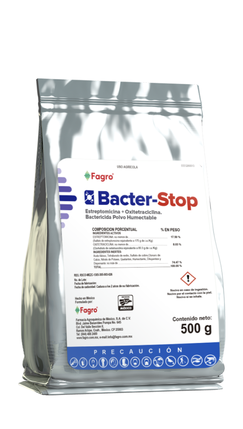 Bacter-Stop Bactericida Agrícola a base de Estreptomicina + Oxitetraciclina.
Polvo Soluble